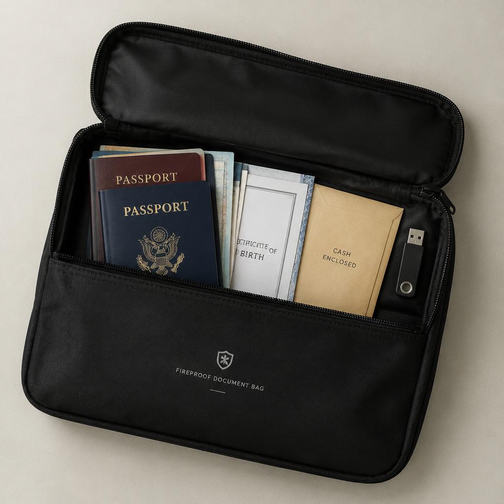 Passports, birth certificate, cash envelope and USB drive inside the FireGuard document bag